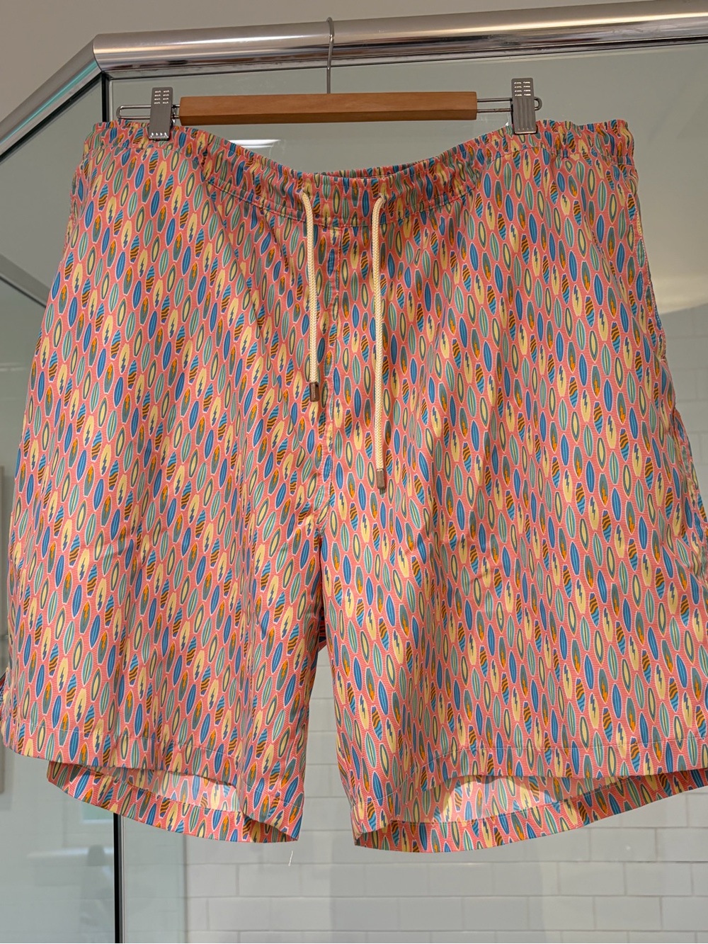 Peter Millar Coral Pink Teal Yellow Oval-Pattern Swim Trunks